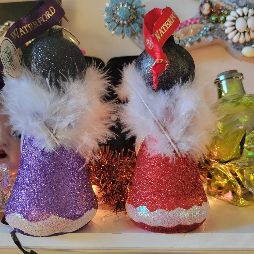 Waterford Sugar Plum Angel Duo Red & Purple Ornaments ~ Czech ~ Retired